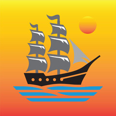 Ship and marine boat black silhouette illustration