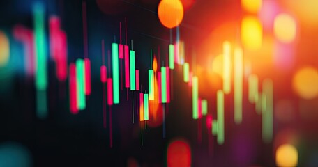 The blue-themed display presents a technical price graph and indicators featuring red and green candlesticks, indicating market volatility and trends. The scene is accompanied by a background of