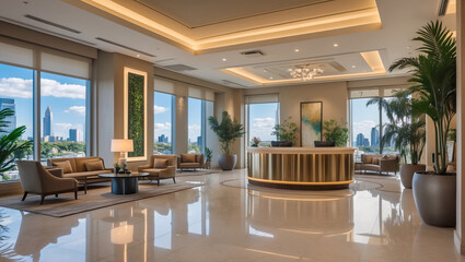 Contemporary hotel lobby with golden accents ivory couch high ceiling and expansive city view through wide windows Hotel Interior Design Inspiration