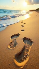 Child's and adult's footprints leading to sea, sandy beach, trace, coast