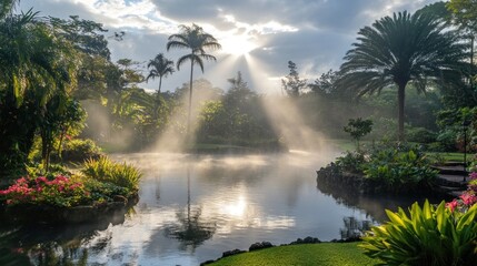 Tropical Garden with Pond and Sun Rays Streaming Through Trees