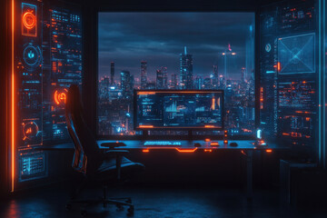 A modern home office features glowing UI elements and an expansive view of a lively city at night. The sleek workspace is illuminated, enhancing the futuristic atmosphere.