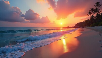 Sunset over tranquil bay, soft waves caress sand, paradise, tranquil