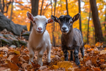 Two playful miniature goats wander through a forest adorned with bright autumn foliage, surrounded by fallen leaves under the warm glow of a sunny day.