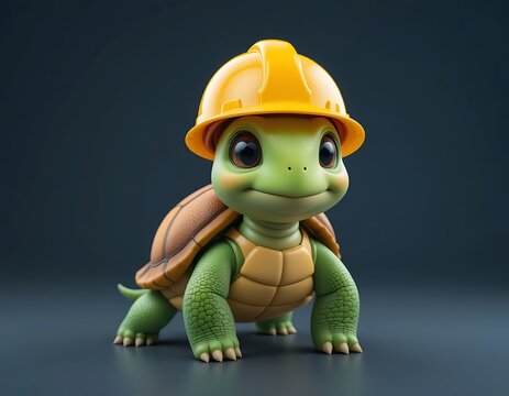 Adorable Turtle in Hard Hat 3d Render Construction Mascot