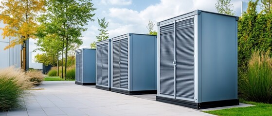 Fototapeta premium Modern Energy Storage Units in Urban Environment Surrounded by Greenery and Well-Manicured Landscape