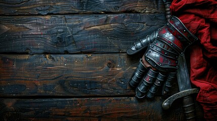 A detailed view of a gauntlet and sword resting on a textured wooden surface.