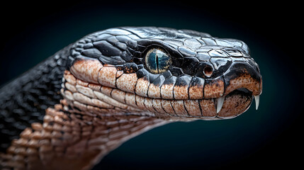 Close up view of a black and tan snake head
