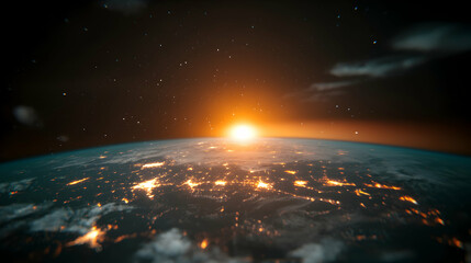 Obraz premium Earth from space showcasing city lights and the bright sunrise