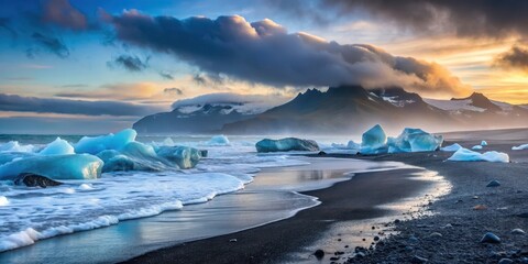 Icy glaciers and black sand beaches in a serene Icelandic landscape at dawn with misty fog rolling in from the ocean, landscape, untouched beauty