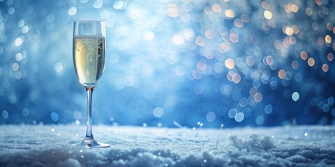 Minimalist winter scene with abstract blue hues, champagne glass