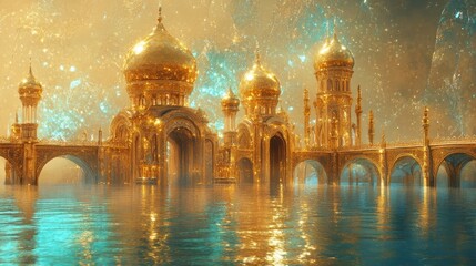 Obraz premium Majestic Golden Palace Reflected in Tranquil Water Under a Glittering Sky