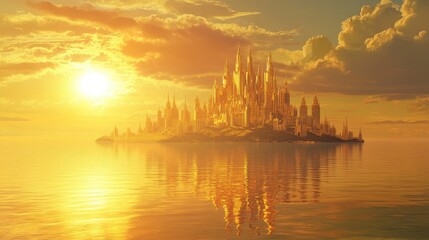 Naklejka premium Surreal Golden Sunrise Over a Fantasy Island with Majestic Castle Reflections in Calm Waters