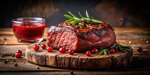 A tenderloin steak cooked to perfection on a wooden table over a dark background, with a few juicy red juices visible , tenderloin