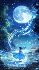 Woman stands in a magical river under a bright full moon