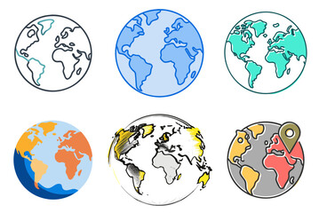 Globe and world map icon set in various styles.