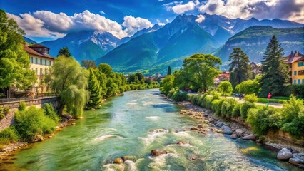 Serene Passer River flowing through picturesque Meran in South Tyrol with lush greenery and towering mountains in the background, meran south tyrol, european countryside