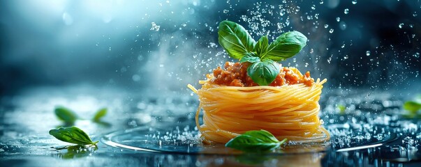 Delicious spaghetti bolognese topped with fresh basil and grated parmesan cheese beautifully presented on a dark plate in an inviting Italian cookery setting