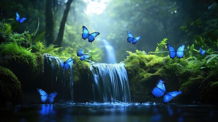 Fototapeta premium Enchanting Scene of a Serene Waterfall Surrounded by Lush Greenery and Vibrant Blue Butterflies