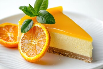 Delicious Slice of Orange Cheesecake Garnished with Fresh Orange Slices and Mint Leaves, on a White Plate