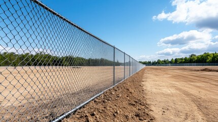 Fototapeta premium Expansive Chain Link Fence Surrounding an Open Area Under Bright Blue Sky with Wispy Clouds
