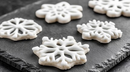 Snowflake cookies on a slate board
