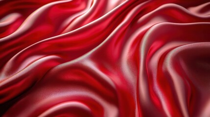 Abstract red silky satin fabric curtain textile showcasing luxurious waves and folds, perfect for design projects emphasizing elegance in clothing and decor.