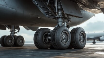 Close-up of aircraft landing gear on the tarmac, showcasing engineering and design.