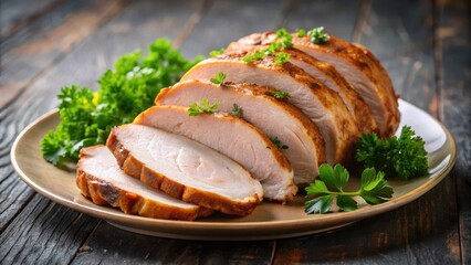 Sliced roasted pork loin with parsley garnish on a plate, herb garnish, savory meal