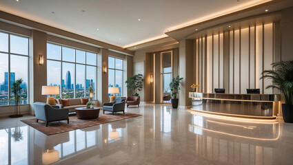 Fototapeta premium Luxurious modern hotel lobby featuring ivory colored couch golden furniture high ceiling and panoramic city view through windows Hotel Interior Design Inspiration