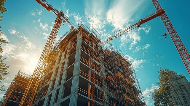 Construction Cranes Soaring: Capturing the dynamic synergy of construction and infrastructure development, the image showcases a towering building under construction.