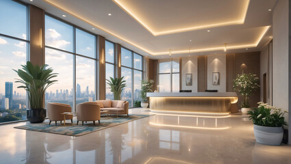 Fototapeta premium Luxury hotel lobby design with ivory couch golden furniture high ceiling and panoramic city view from wide elegant windows Hotel Interior Design Inspiration
