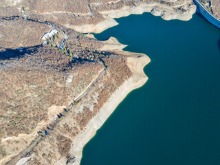Aerial winter view of Vacha Reservoir, Bulgaria