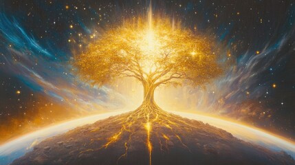 Radiant Tree of Life Surrounded by Cosmic Energies Illuminating a Vibrant Planet in a Mystical Universe