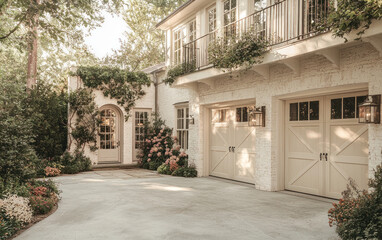 Fototapeta premium Serene White Stucco House with Lush Greenery and Two-Car Garage