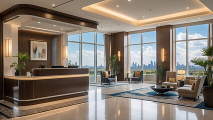 Fototapeta premium Luxury hotel lobby with golden accents ivory couch high ceiling and a stunning city view through wide expansive windows Hotel Interior Design Inspiration