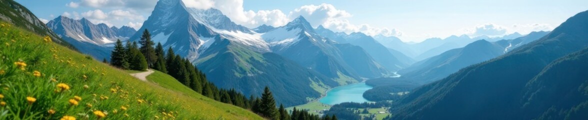 Obraz premium Breathtaking alpine vista; lush valley, snow-capped peak, alpine, peak, view