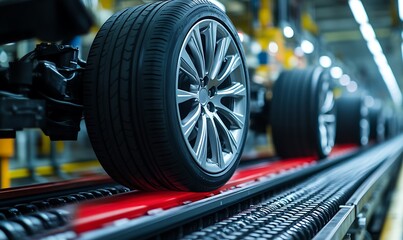 Fototapeta premium Close Up of Tires and Wheels on a Conveyor Belt in a Factory