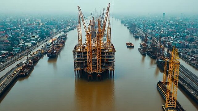 Construction Metropolis: An aerial view captures a massive construction site in the heart of a waterway, showcasing towering cranes, ships, and the initial stages of a developing structure.