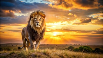 Powerful male lion with golden fur and mighty roar stands majestically on the savannah at sunset, king, landscape,  king