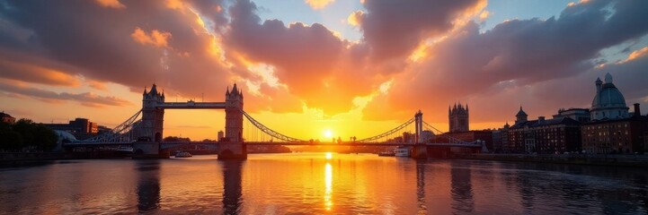 Obraz premium Golden hour sun sets behind iconic Thames Barrier structures , calm, steel