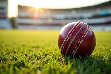 "Red Cricket Ball on Lush Green Grass in a Stunning Sunset Stadium Backdrop: A Symbol of Sportsmanship and Outdoor Recreation"