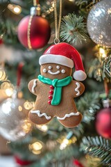Smiling Gingerbread Man Christmas Ornament with Santa Hat Hanging on a Decorated Christmas Tree