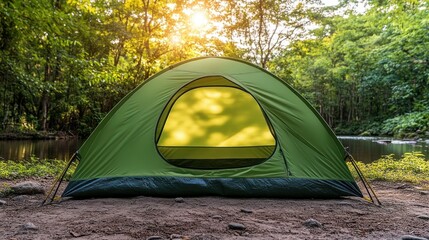 Green Tent by River in Forest at Sunrise