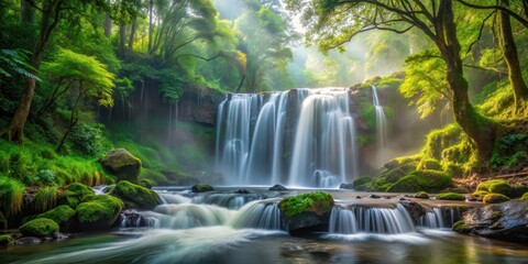 Obraz premium Forest Waterfall Panorama, flowing water, mist, flowing water, mist, landscape, waterfall, nature, peaceful,water, foliage