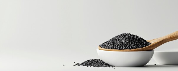 Healthy black sesame seeds on a white background showcasing their value as a nutritious food ingredient from the plant kingdom for a balanced diet