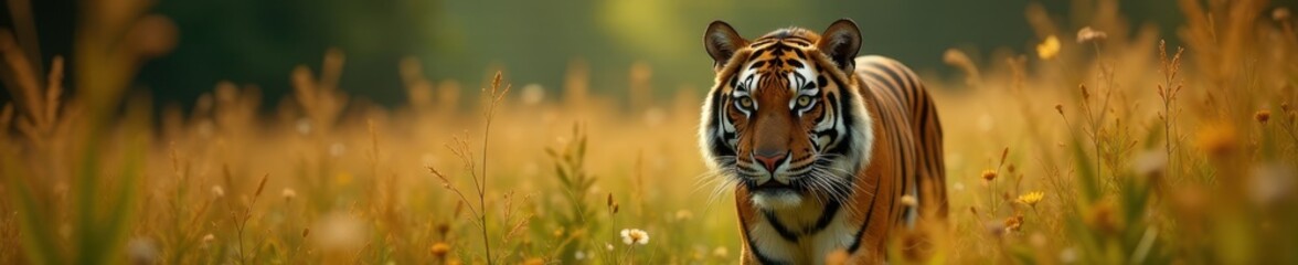 Fototapeta premium A regal tiger emerges from tall grass, intense gaze High-definition image , sunlight, bigcat