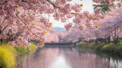 Fototapeta premium Serene Cherry Blossom Trees Framing a Calm Reflective River in a Tranquil Spring Garden Scene