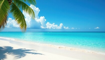 White sand, crystal-clear turquoise sea, cloudless blue sky Ideal summer backdrop , vacation background, crystal clear