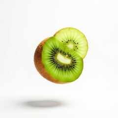 A single kiwi fruit floats in mid-air against a pure white backdrop , isolated, gravity